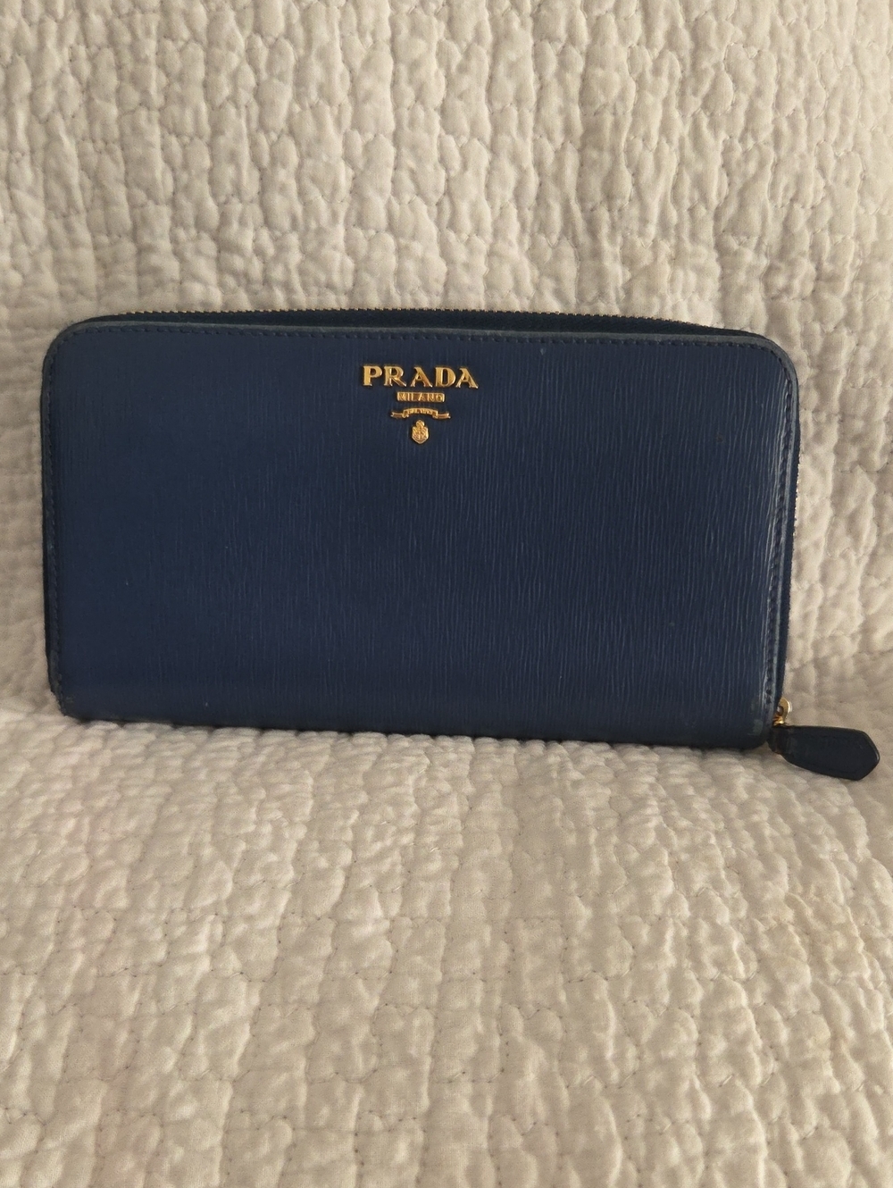 Prada Saffiano Zip Around Wallet in Navy with Gold Logo